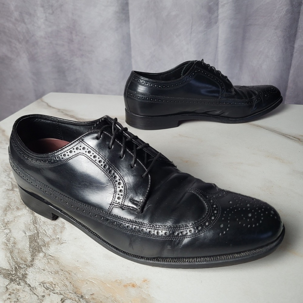 Florsheim Longwing Size 9.5 D Brogue Wingtip Dress Shoes Black Men's